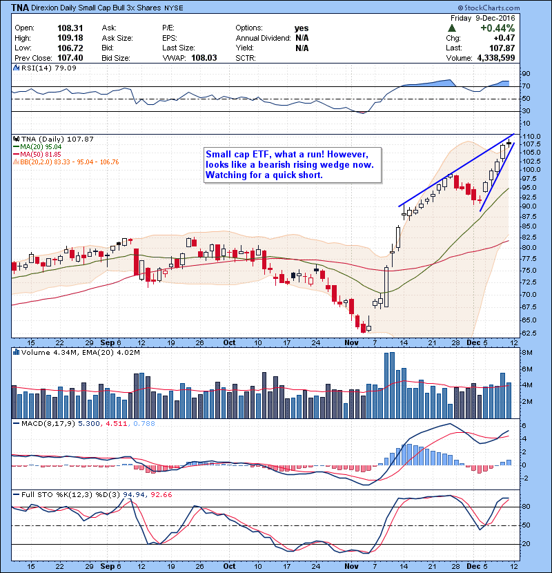 TNA Small cap ETF, what a run! However, looks like a bearish rising wedge now. Watching for a short.